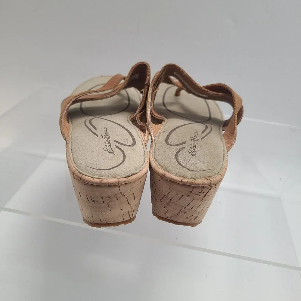 Eddie Bauer Leather Tan Strappy‎ Sandals Cork Wedge Women's US Size 9.5
